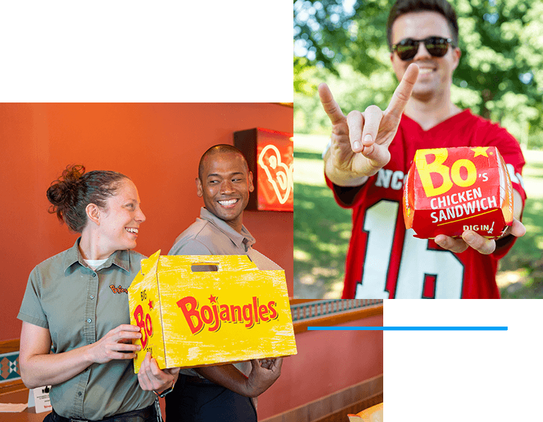 Image collage of Bojangles employees and college student holding up a chicken sandwich