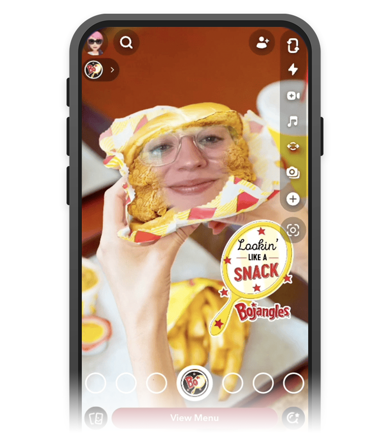 Phone with 2024 Bojangles Snapchat Filter of face in Bojangles chicken