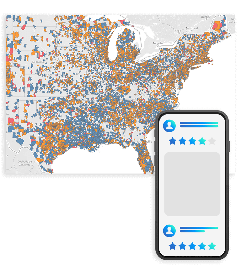 Photo of a map of the USA with targeting and iPhone with mock customer reviews