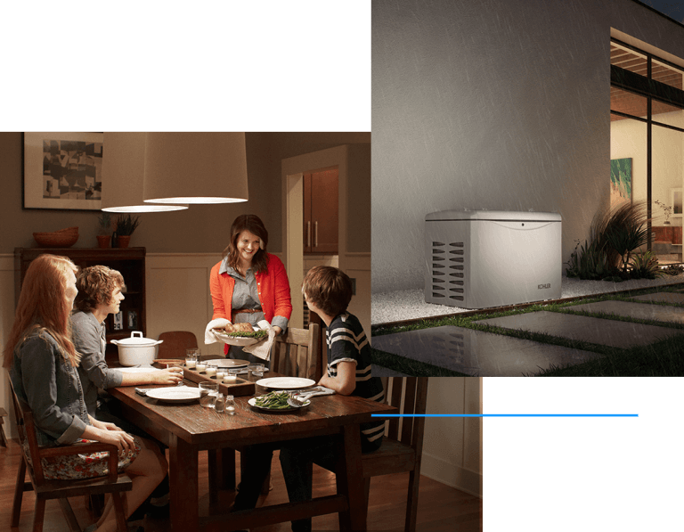 family enjoying dinner with a Kohler Power generator