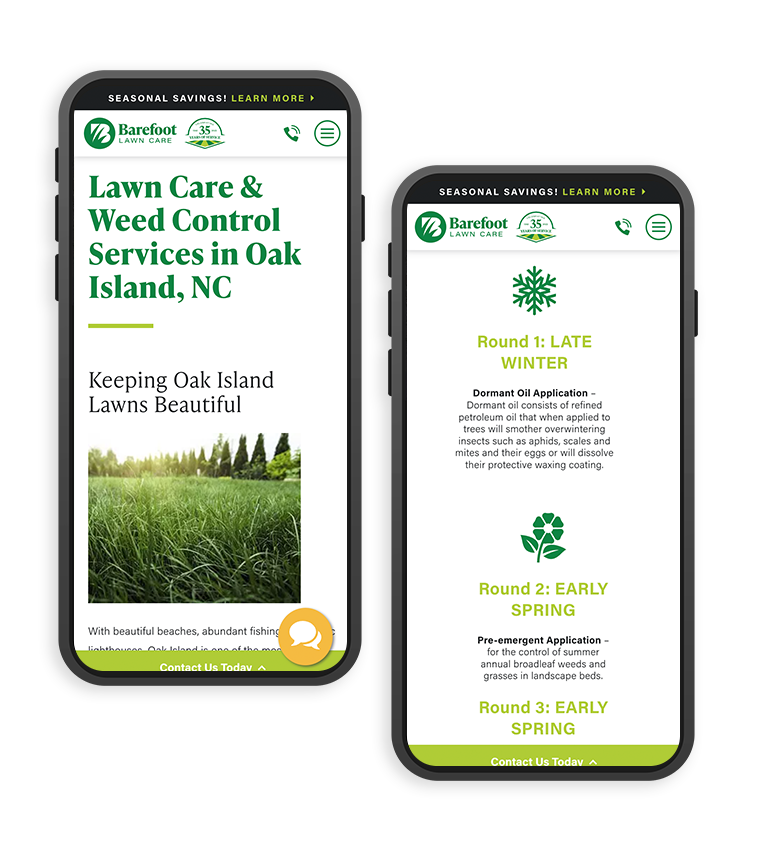 Phone mockups of Barefoot Lawn Care service pages