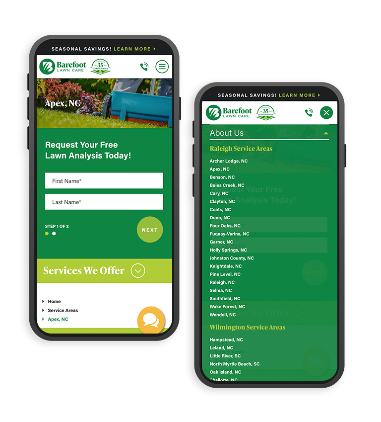 Phone mockups of Barefoot Lawn Care service pages