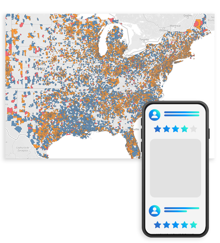 Photo of a map of the USA with targeting and iPhone with mock customer reviews